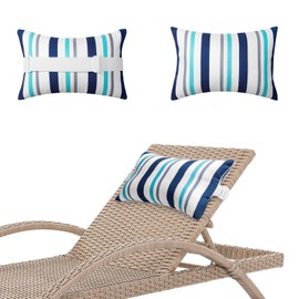 Heavyoff Chaise Lounge Head Pillow, 2 Pack Oudoor Patio Pillow with Elastic Strap Water Resistant Headrest Pillows for Recliner, Beach Chair, Office Chair Neck, Blue Stripes