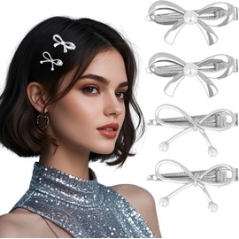 Metal Hair Bows For Women Girls 4Pcs Small Sliver Pearl Hair Clips Bow Knot Decorative Hair Pins Fashion Wedding Hair Accessories For Styling Elegant Barrettes Party Prom (Silvery, One Size)