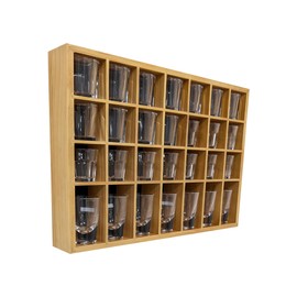 ARRAWIS Black Shot Glass Display Case 18" x13" Solid Wood Wall Mounted Collection Cabinet 28 Slots Small Curio Cabinet Rack (No Door) (Natural)