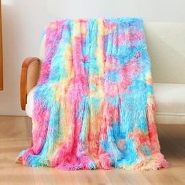 Gugxiom Plush Throw Blankets for Couch, 51 * 63 in Tie-Dye Flannel Blanket, Soft Cozy Faux Fur Throw Blanket, for Bedroom Living Room, Suitable for Fall, Winter, Spring (Rainbow)