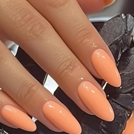 Almond Press on Nails Short Length Fake Nails Orange Pure Color Acrylic Nails Full Cover False Nails Reusable Glue on Nails Glossy Artificial Nails for Women Girls 24Pcs