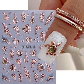 5D Embossed Ocean Nail Stickers Self-Adhesive Beach Nail Art Stickers Gold Seashell Starfish Seahorse Design Sea Creature Nail Art Supplies Summer Nail Decals for Women Acrylic Manicure Decorations