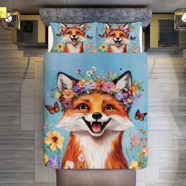 UIAMT Cute Fox Bedding Set Twin Queen King Full Size Kawaii Fox Comforter Set for Kids Teens Boys Girls Man Women Bedroom Decor Floral Animal Cozy Quilt Bedspread Fox Bed Duvet Cover Gifts 104"x90"