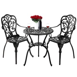 Withniture Bistro Set 3 Piece Outdoor Cast Aluminum Bistro Table and Chair Set Black