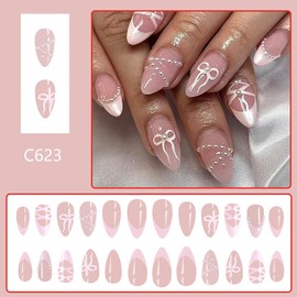 Medium Almond Press on Nails French Tip Fake Nails Pink False Nails with Bow Pearl Designs Glossy Acrylic Nails Cute Glue on Nails Full Cover Stick on Nails Reusable Artificial Nails for Women 24Pcs