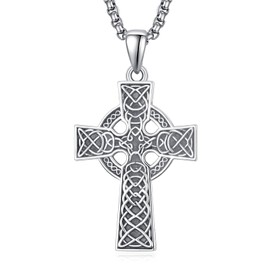KINGWHYTE Celtic Cross Necklace 925 Sterling Sliver Celtic Knot Pendant Religious Protective Gift Irish Jewelry Gift for Men and Women