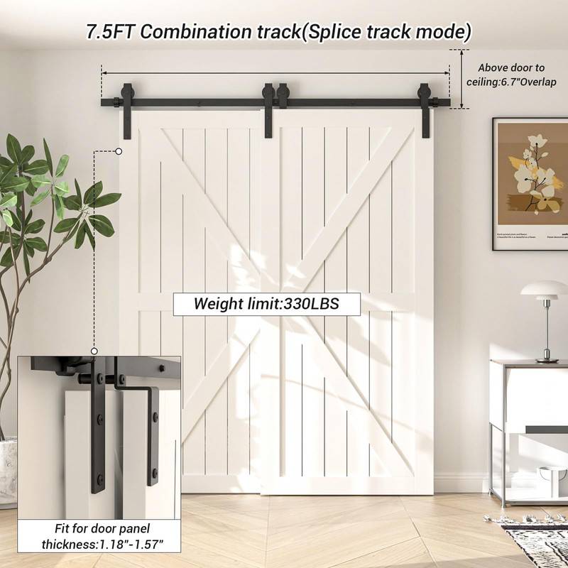 AONAYIOA 7.5FT Bypass Sliding Barn Door Hardware Kit, Combination Track