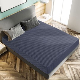 PiccoCasa 100GSM Microfiber Striped Bed Fitted Sheet, 16 Inch Deep Pocket Bed Mattress Cover, Durable Soft Breathable Wrinkle Resistant Bottom Sheets Navy Blue Single