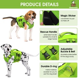 Queenmore Small Dog Life Jacket,Small Dog Life Vest for Swimming,Adjustable Reflective Dogs Swimming Vest,High Buoyancy Dogs Lifesaver,Pet Life Preserver(Green,S)