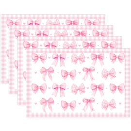 Cheerupp Pink Bow Theme Place Mats Set of 4, Bow Theme Home Decor, Non-Slip Washable Reusable Table Mats for Indoor Outdoor Kitchen Dining Table Home Decorations 12 x 18 Inches