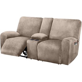 ULTICOR Reclining Love Seat with Middle Console Slipcover, 8-Piece Velvet Stretch Loveseat Reclining Sofa Covers, 2 seat Love seat Recliner Cover, Thick, Soft, Washable, Love seat Slipcovers (Taupe)