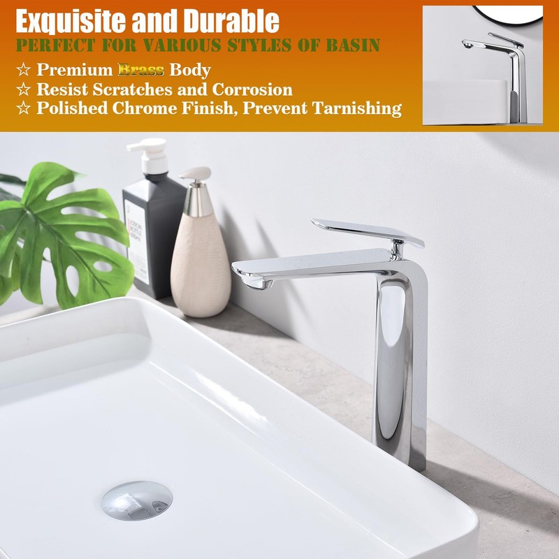 TOCALOCA Tall Vessel Bathroom Faucets Chrome Silver Basin Mixer Tap