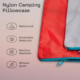 Coop Home Goods Nylon Camping and Travel Pillow Cover, Waterproof Camping Pillow Protector, Zippered Cover, Washable Travel Pillowcase (Red)
