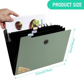 Marte Vanci Expanding File Folder, A4 Document Organiser 13 Pockets with Coloured Labels, Plastic Accordion Filling Folder, Receipt Bill Letter Paperwork Organisation for Office Home School Green