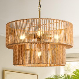 SupMaka 4-Light Boho Rattan Chandelier, 17.8" Rattan Pendant Light with 2-Tier Hand-Woven Shade, Farmhouse Hanging Ceiling Light Fixture for Dining Room, Living Room, Kitchen Island, Foyer
