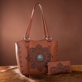 Montana West Western Tooled Tote Bag for Women Mandala Pattern Shoulder Top Handle Handbag Studded Purse with Wallet Set MWC-144W-BR