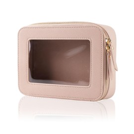 IRROMI Clear Makeup Case, Durable Saffiano Faux Leather Travel Cosmetic Bag, Toiletry Bag with Visual Window & Dual Zippers, Travel Essentials for Women (Pink, Medium)