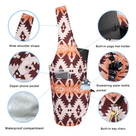 Yoga Mat Bag - Large Opening Long Tote Yoga Mat Carrier Holder Bag with Waterproof Wet Zipper Pocket and Drawstring Water Bottle Pocket - Yoga Bag Fit Most Size Mats - Boho Camel
