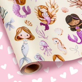 Homeral Mermaid Wrapping Paper Roll - Mini Roll - 17 Inch x 16.5 Feet - Ocean Themed Reversible Gift Wrap with Jellyfish, Bow, Seahorses, Shell & Pink Heart for Girls Birthday, Baby Shower