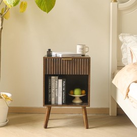 Fultyle Mid Century Modern Nightstand, Wood Bedside Table with Drawer and Opening Storage, End Table Living Room Fluted Night Stand with Solid Wood Legs for Bedroom (Rustic Brown)
