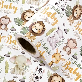 WRAPAHOLIC Kraft Baby Shower Wrapping Paper Roll - Mini Roll - 17 Inch x 16.5 Feet - Safari Animal Wrapping Paper for Baby Shower, Kids Girls Boys Birthday