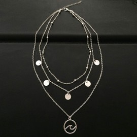 Yienate Boho Multilayer Silver Ocean Wave Pendant Necklace Dainty Sequins Choker Bohemian Multilayer Charm Beach Necklace Jewelry for Women and Girls, Silver