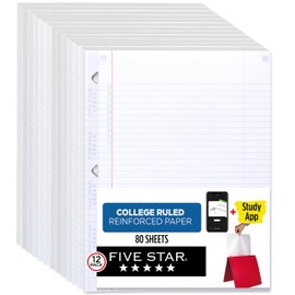 Five Star Loose Leaf Paper Plus Study App, 12 Pack, Notebook Paper, College Ruled Filler Paper, Reinforced, 8.5 x 11, 80 Sheets per Pack (170026-ECM)