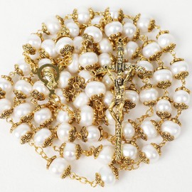 Jirehjill Rosary Beads Catholic for Woman 8-9mm AAA+ Freshwater White Natural Real Pearl Rosary Beads.