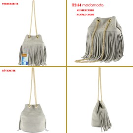 modamoda de T244 Women's Shoulder Bag Suede with Fringes and Gold Chain Handmade in Italy, Bottle Green