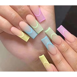 Pressing nails, women's acrylic long and short square false nails complete set, flashing pressing false nails 24 pieces (Style 5,Pack of 24)