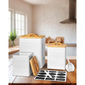 vensovo Kitchen Canisters Set of 3 – White Airtight Metal Food Storage Jars with Bamboo Lids – Farmhouse Flour, Sugar, Coffee Canisters for Kitchen Countertop & Pantry