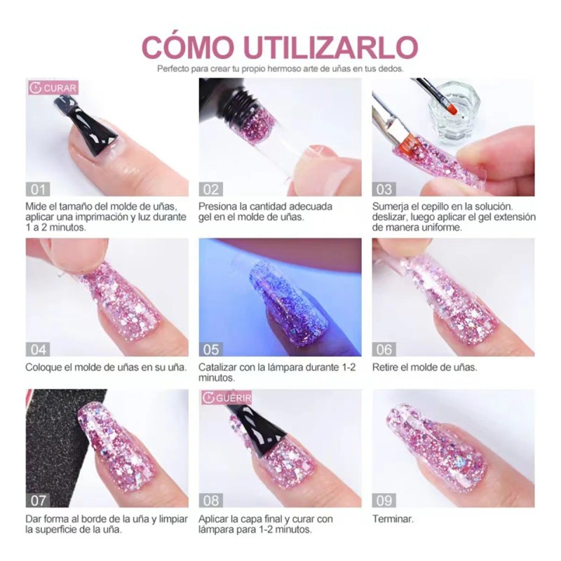 Kit Uñas Polygel 15mlx6 Gel Base Top Slip Solución Tipsx20