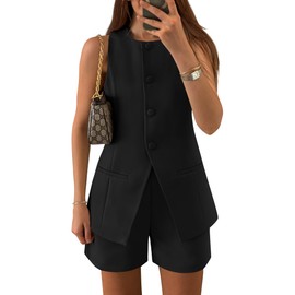 ZESICA Women's 2025 Summer 2 Piece Short Sets Sleeveless Crew Neck Suit Vest Tops High Waist Shorts Business Outfits,Black,Medium