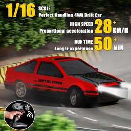 Remote Control Car RC Drift Car 1:16 Scale 4WD RC Car with LED Lights 2.4GHz 28km/h Hard Shell RTR High Speed Drift Racing Sport Toy Car for Adults Boys Girls Kids Gift 2Pcs Rechargeable Batteries