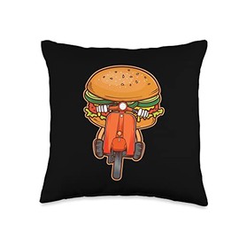 Cheese Ground Beef Snack Buns Fast Food Lover Riding A Motorcycle Burger Throw Pillow, 16x16, Multicolor