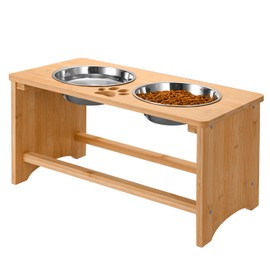 COOZMENT Elevated Dog Bowls,Bamboo Dog Bowl Stand,Raised Dog Bowls for Large Dogs,Dog Food Bowls,Non-Slip Dog&Cat Feeder with 2 Stainless Steel Food&Water Bowls,10" Tall (Waterproof Wooden)