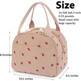 Lunch Bag for Women Girls Cute Corduroy Lunch Tote Bags Reusable Insulated Lunch Box Large Capacity Reusable Insulated Cooler for Work Picnic or Travel(Pink Strawberry)