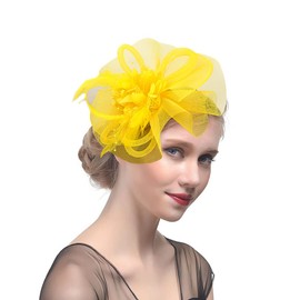 SIQITECHUK Women Fascinators Hat with Mesh Flower Feathers Headband Ladies Tea Party Headband Bride Hair Clip Headwear for Wedding Church Cocktail (UK, Alpha, One Size, Yellow)