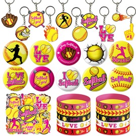 M AMFEOV Softball Birthday Decorations, 80PC Softball Birthday Party Decorations Include 10 Bracelets,10 Button Pins,10 Keychains, and 50 Stickers, Fun Softball Themed Party Decorations