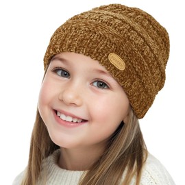 Sukeen Kids Winter Hat Chenille Knit Beanie Hat with Lined for Girls Boys Toddlers Ages 3-8 Warm Skull Caps for Ourdoor Brown