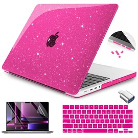 Teryeefi for M4 M3 M2 M1 MacBook Pro 14 inch Case 2024 2023 2022 2021 fits Model A2918 A2992 A2779 A2442, Glitter Protection Hard Shell Cover with Keyboard Cover & Type C Adapter, Sparkly Rose Pink
