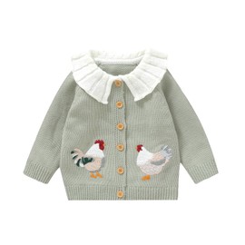 Baby Girl Cardigan Knit Sweater Animal Embroidery Chunky Coat Doll Collar Knitwear Toddler Infant Spring Clothes (Rooster-Green, 9-12 Months)