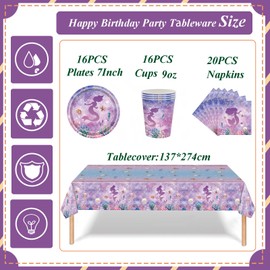 53Pcs Mermaid Party Tableware Kits Decorations for Kids Party,Mermaid Birthday Decorations Mermaid Table Cloth,7inch Plates,Napkins Ppaer Cups Disposable Tableware Set for Birthday Party Favors Gifts