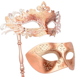 Masquerade Mask for Couple, Mardi Gras Deecorations Venetian Masks with Stick for Womens(Rose Gold)