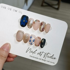 TENPAL Chinese Style Metal Short Oval Nails,Handmade Press On Nails 10Pcs with Tools Kit,Pearl Chrome Lattice Embossed Glue on Nails,Reusable Glossy Iridescent Cat Eye Fake Nails for Daily Wedding(S)