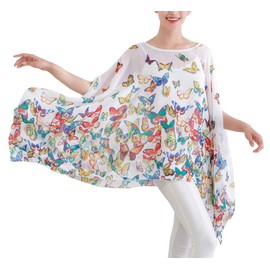 Max Hsuan Women's Loose Solid Sheer Chiffon Caftan Poncho Batwing Tunic Top Blouse Summer Oversized Shirts (White Butterflies)