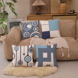 EZVING Set of 4 White Gray Blue Modern Abstract Geometric Throw Pillow Covers 20x20 Inches Decorative Cushion Pillow Cases Square Pillowcases for Bed Sofa