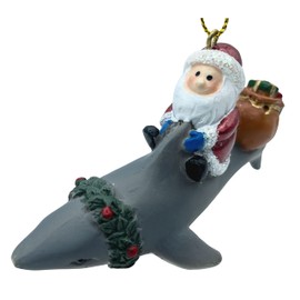 Santa Riding a Shark Delivering Bag of Presents Christmas Tree Ornament