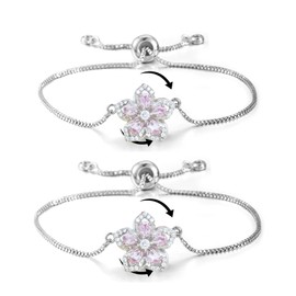 Lyfange 2PCS Spinning Flower Fidget Bracelet for Anxiety Rhinestone Flowers Bracelets for Women Adjustable Statement Bracelets Sparkly Cubic Zircon Worry Relieving Wrist Jewelry Accessories