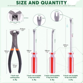 Keadic 4 Pcs Nail Pullers Tool with Tack Lifter, Heavy Duty Staple Remover Tools with 7 Inch End Cutting Pliers Nail Nipper Pliers and U Tip & V Tip Tack Puller Tack Lifter, Nail Pulling Set